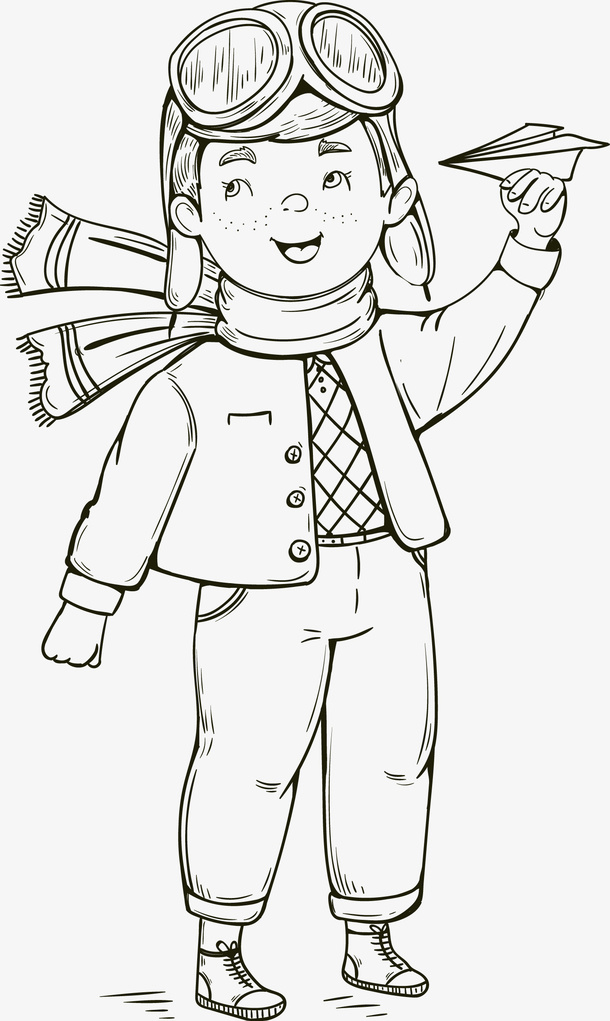 手绘玩飞机的时尚男孩免抠