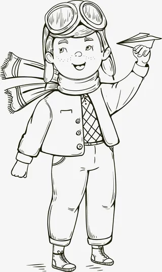 手绘玩飞机的时尚男孩免抠