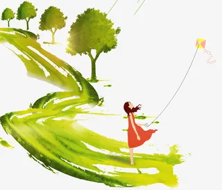 手绘春天放风筝插画素材免抠