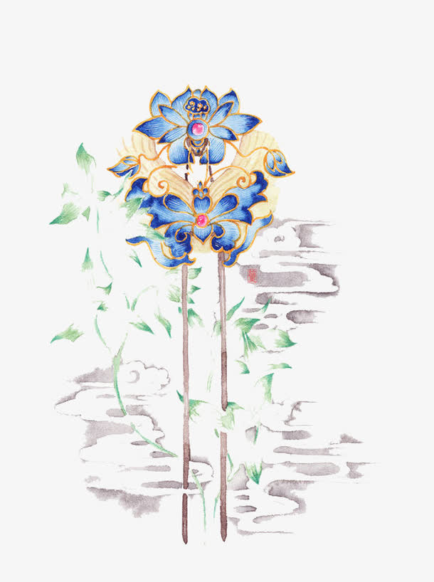 古风蓝色莲花钗子免抠