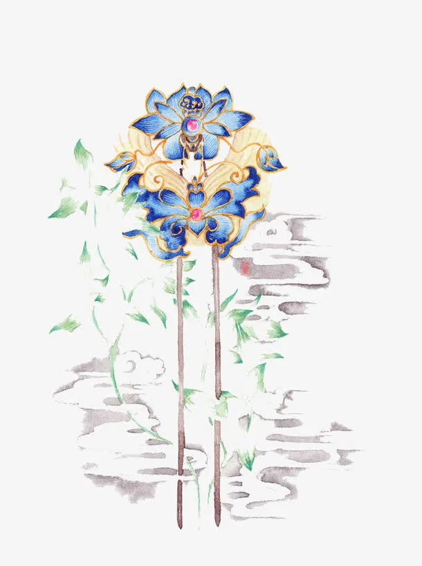 古风蓝色莲花钗子免抠
