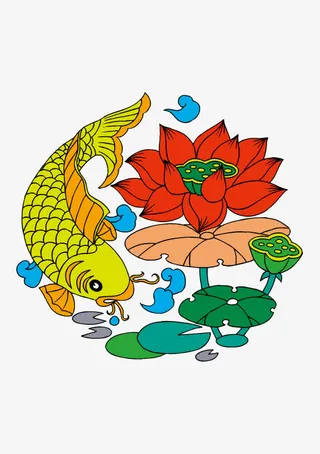 年年有鱼荷花卡通矢量素材免抠