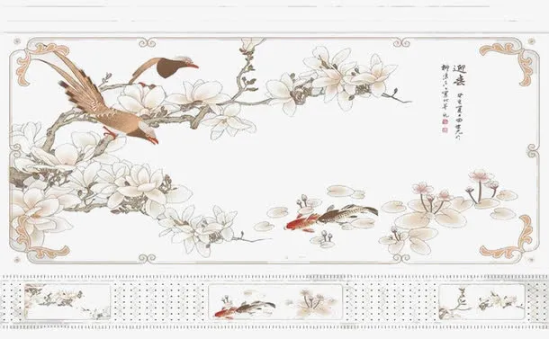 一副鲜花美鸟画免抠