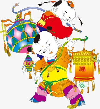 手绘灯笼娃娃快乐新春免抠