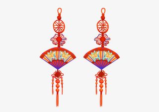 中国风手绘扇形挂饰免抠