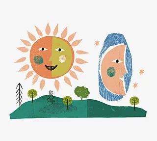 大山和月亮太阳手绘图免抠