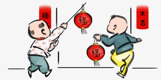 手绘古风新年挂灯笼小孩免抠