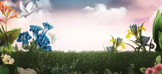 春天文艺渐变草地景色白云粉banner高清