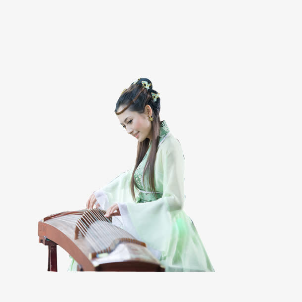 弹古筝的绿衣美女免抠