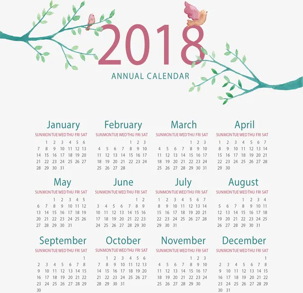 绿色春天树枝日历模板免抠