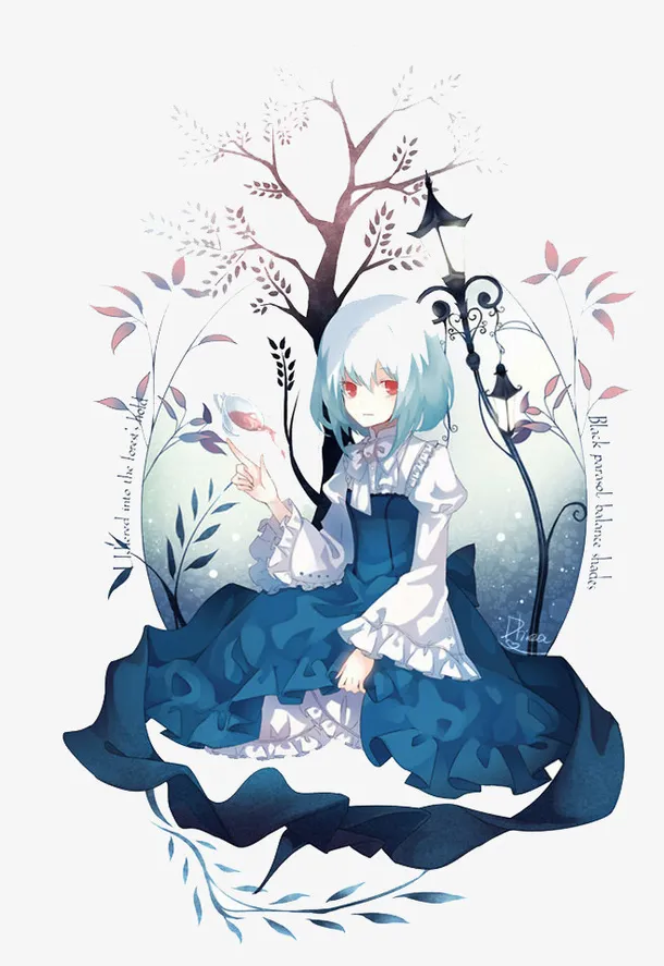 蓝色少女树枝插画免抠