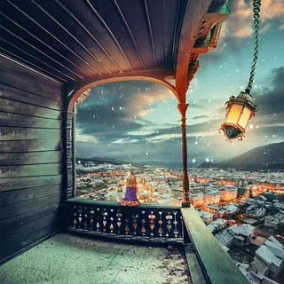 手绘阳台灯笼背景高清