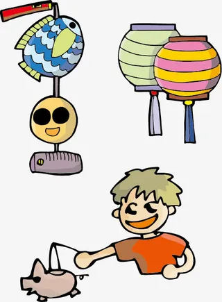 矢量手绘元宵节放灯笼猜灯谜免抠