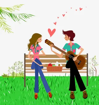 手绘男生给女生弹吉他免抠