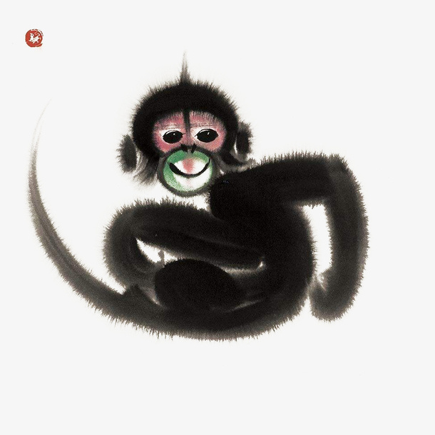 可爱的中国风水墨猴子插画免抠免抠