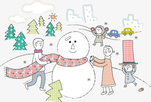 矢量手绘堆雪人的幸福一家人免抠