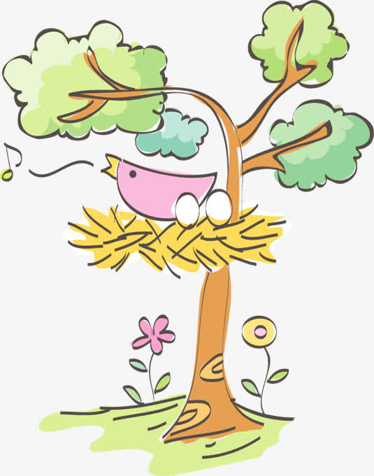 春天手绘小鸟大树免抠
