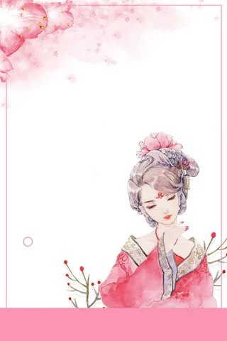 粉色手绘唯美女生节花瓣古风少女背景高清