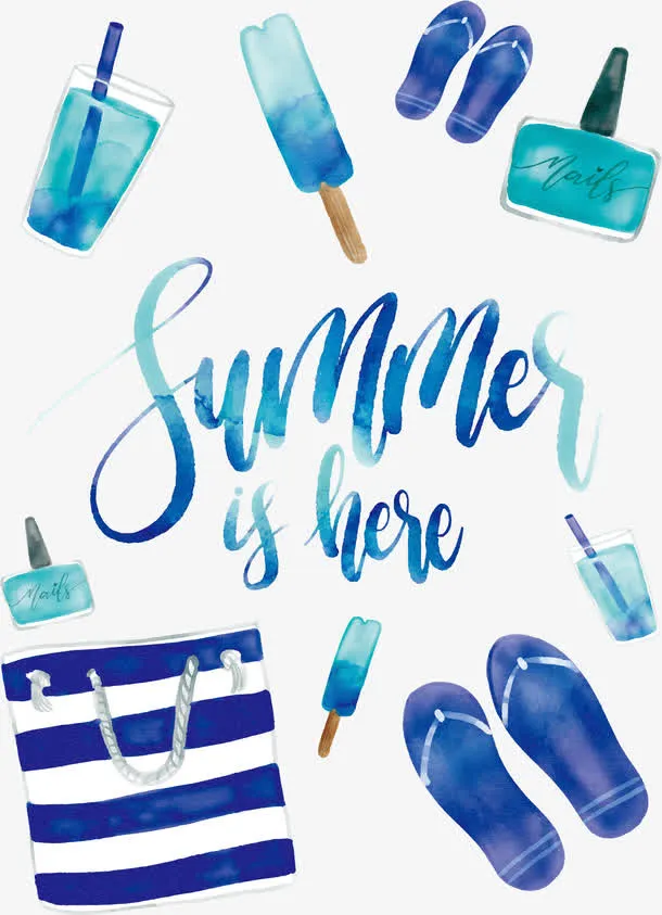 蓝色水彩清凉的夏日免抠