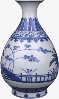 花园印青花瓷瓶免抠