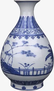 花园印青花瓷瓶免抠