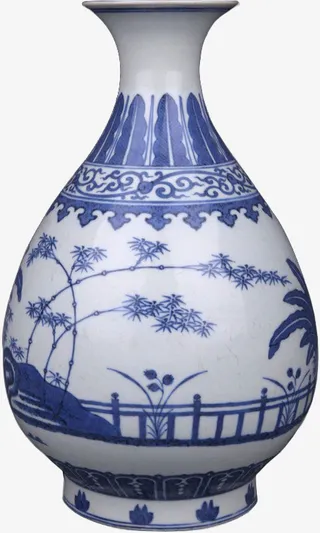 花园印青花瓷瓶免抠