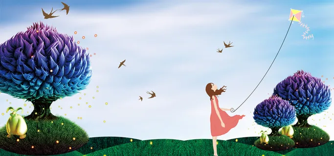 春天放风筝景色文艺卡通紫色banner高清