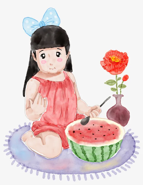 立夏手绘插画小女孩吃西瓜手绘插免抠