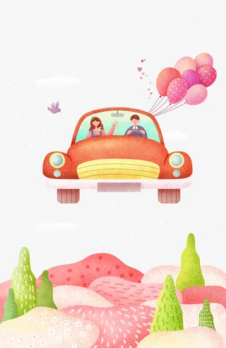 春分气球轿车草地春天免抠