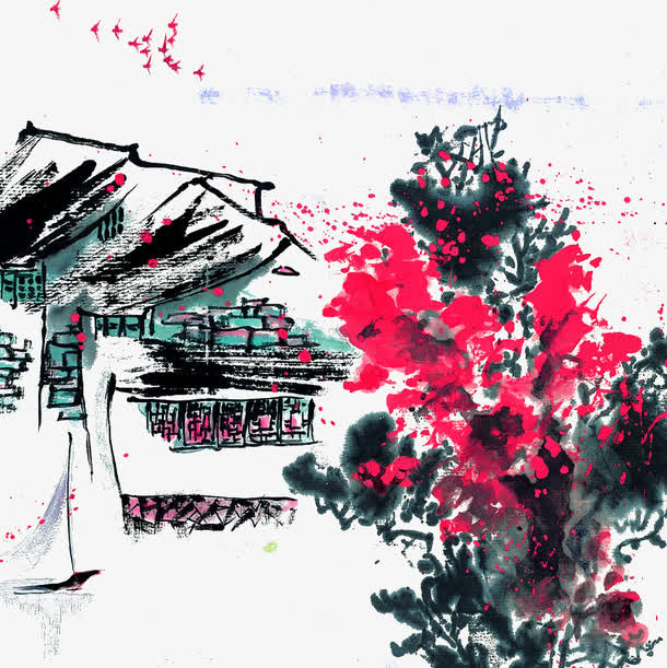 水彩墨房子免抠