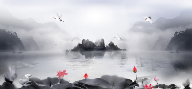 中国风水墨天空山水免抠