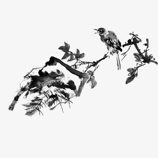 水墨树枝上的小鸟免抠