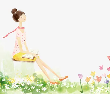 手绘水彩清新淡雅插图春天读书的免抠