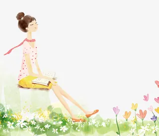 手绘水彩清新淡雅插图春天读书的免抠