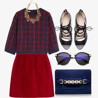 格子T恤和红色裙子免抠