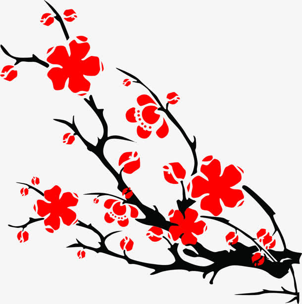 红色梅花树枝中国风装饰免抠