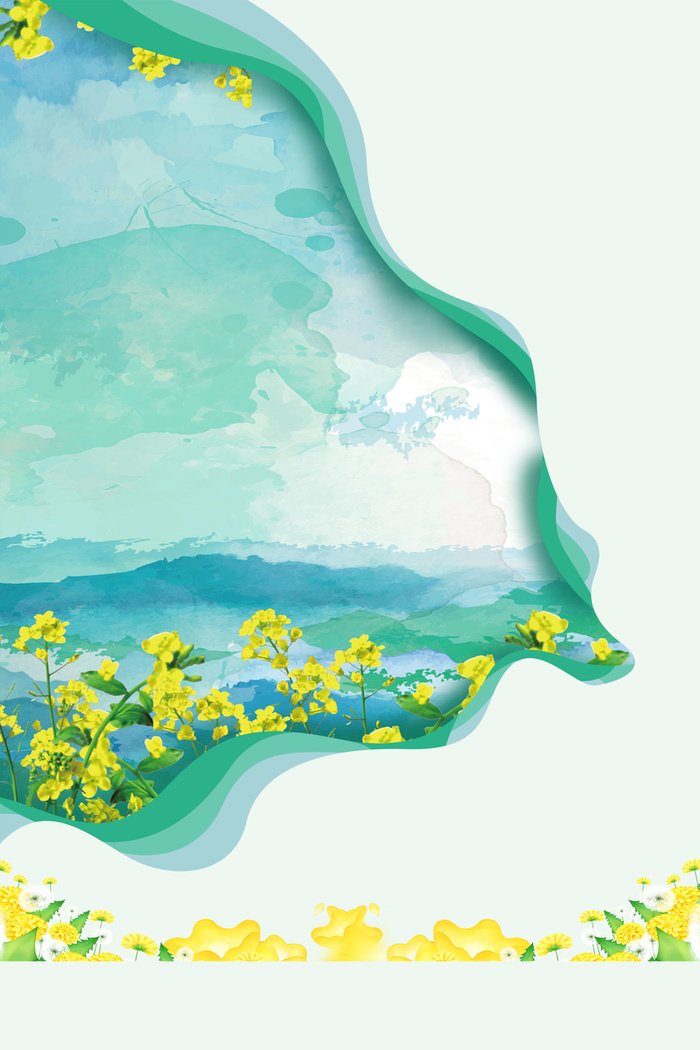 小清新春天你好油菜花风景插画高清卡通手绘背景
