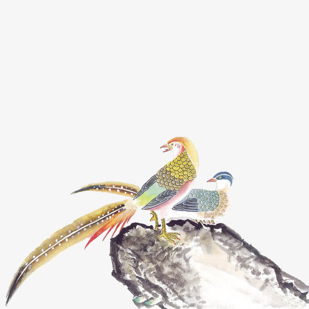 水彩古风山石喜鹊鸟山石免抠