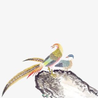 水彩古风山石喜鹊鸟山石免抠