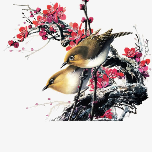 水彩中国风两只小鸟褐色树枝免抠