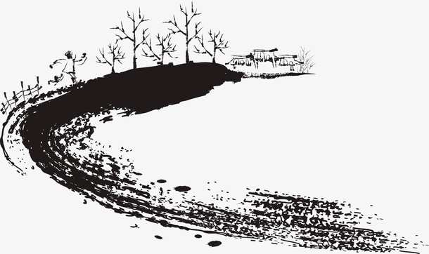 黑色创意水墨山水意境免抠