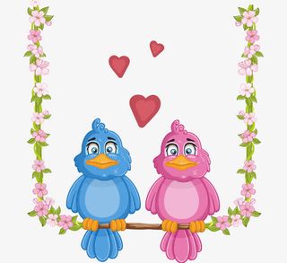 卡通手绘可爱恋爱中情侣鸟花朵免抠