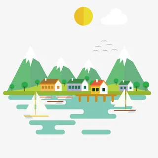 矢量卡通山间乡村湖泊免抠
