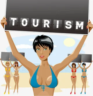 矢量海滩举牌子性感比基尼女郎免抠