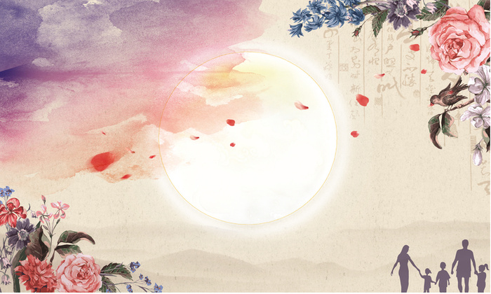 中国风水墨月亮与花卉背景素材高清