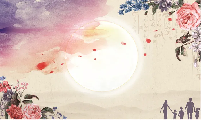 中国风水墨月亮与花卉背景素材高清