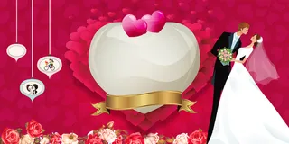 红色新人剪影心形浪漫婚礼海报背景素材高清