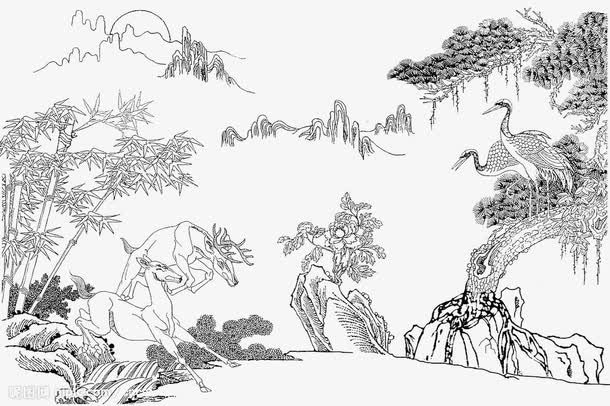 png国画白描鹿免抠