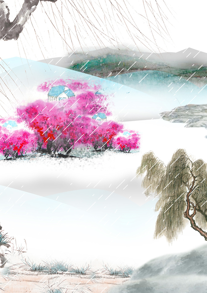 古风山水鲜花手绘水墨中国风背景素材高清