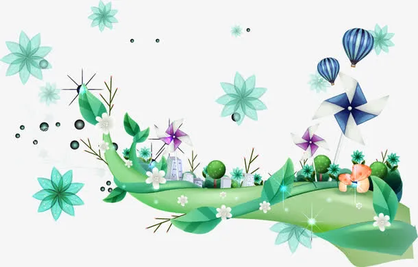 卡通梦幻清新风车树叶树枝免抠